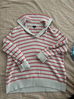 Talbots Striped Crewneck Sweater in Tan and Coral Pink